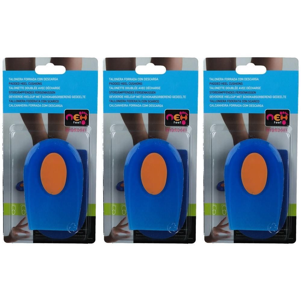 Trois talonnettes bleues avec insert orange, emballées.