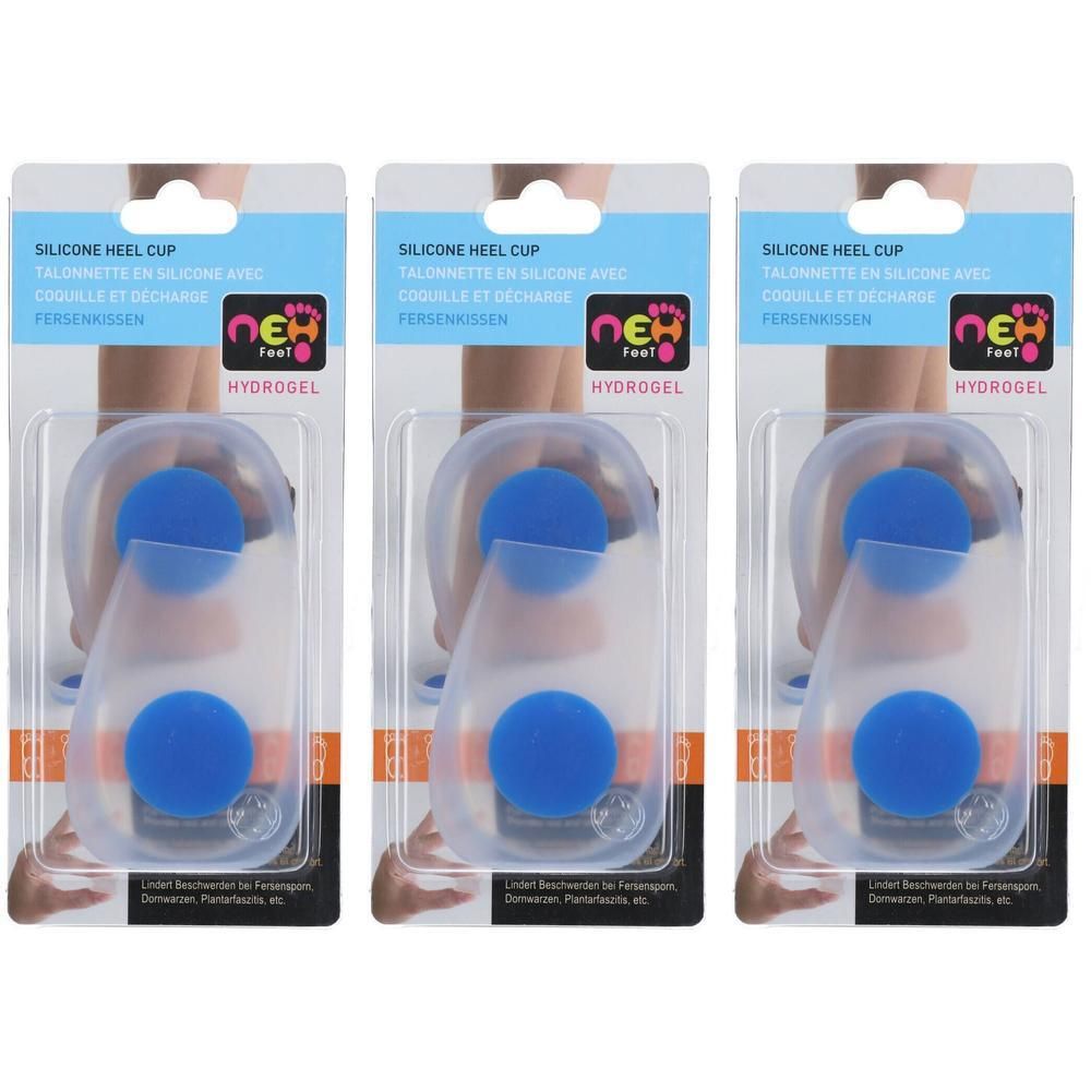 Trois paires de talonnettes en silicone avec inserts bleus, emballées sous blister.