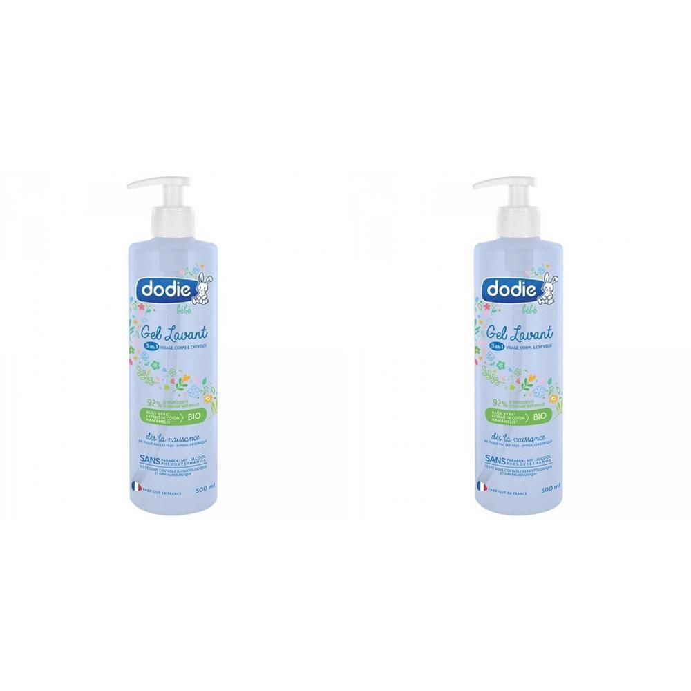 Twee blauwe pompflesjes van Dodie Gel Lavant 3-in-1.