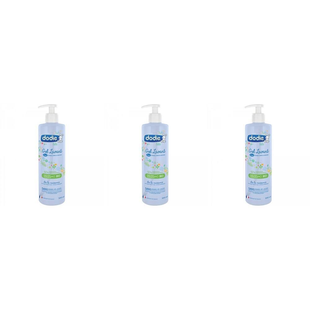 Drie blauwe pompflesjes met Dodie Gel Lavant 3-in-1.