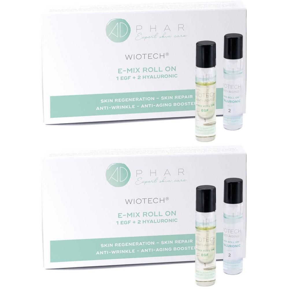 Deux flacons roll-on E-Mix Roll On 1 EGF + 2 Hyaluronic. Emballage avec texte 'Skin Regeneration'.