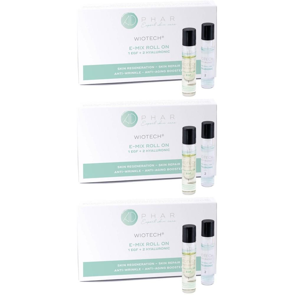 Trois boîtes de Wiotech E-Mix Roll On, chacune contenant deux flacons roll-on. Liquide clair dans des flacons en verre avec bouchons noirs.
