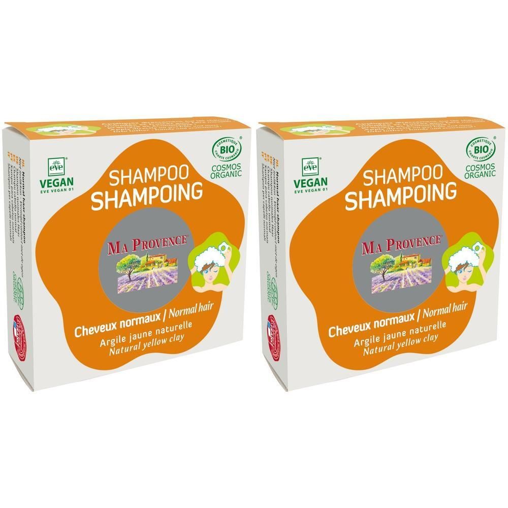 Deux paquets de shampooing bio Ma Provence pour cheveux normaux, illustration champ de lavande.