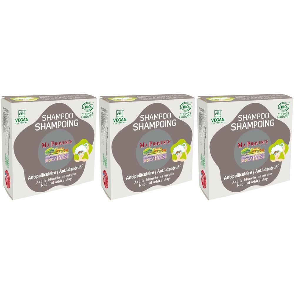 Drie doosjes vaste shampoo anti-roos met witte klei.