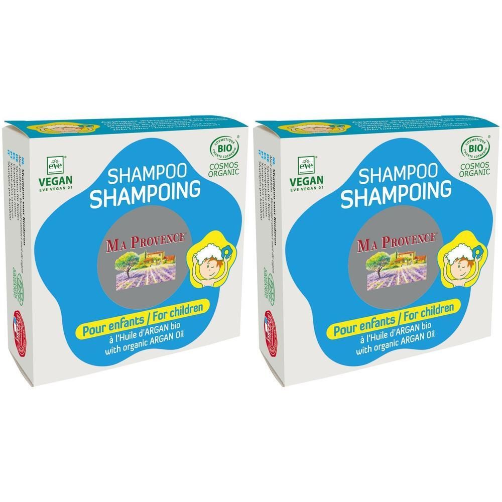 Deux boîtes de Shampooing Bio Ma Provence pour enfants à l'huile d'argan. Certifié Vegan et Cosmos Organic.