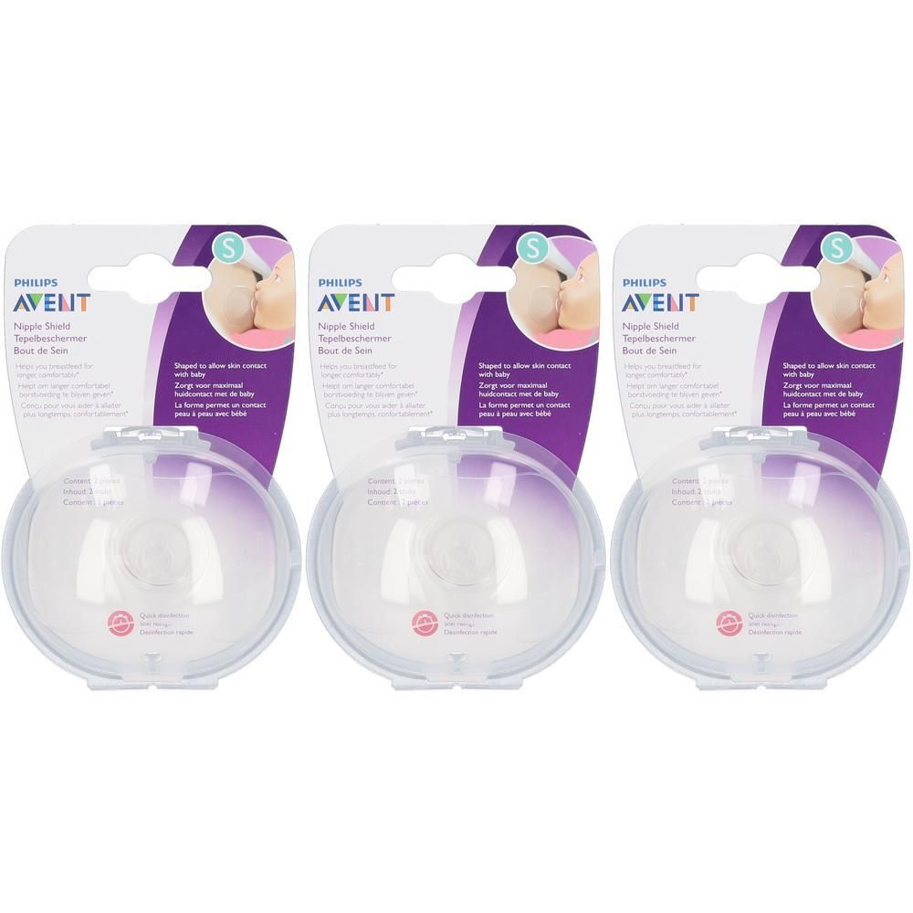 Drie Philips Avent tepelhoedjes in individuele verpakkingen. Transparante beschermers op paarse kartonnen achtergrond.
