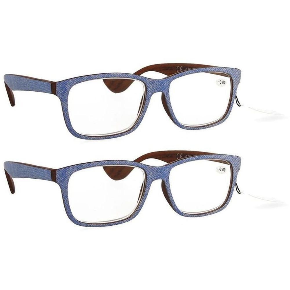Twee leesbrillen met blauw denim montuur en bruine pootjes. Sterkte +3.00.