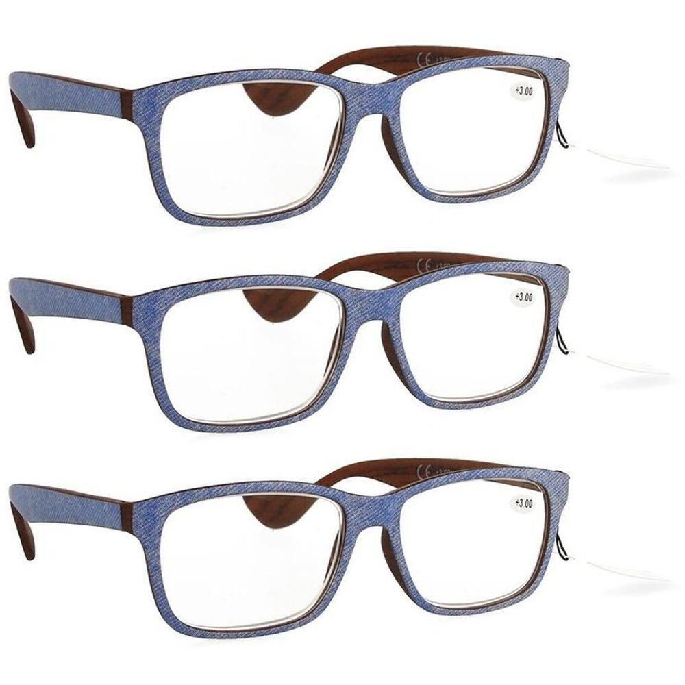 Drie leesbrillen met blauw spijkerframe en houten pootjes, sterkte +3.00.
