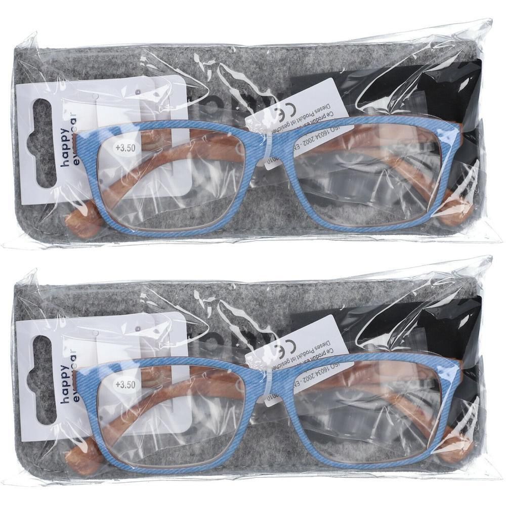 Twee leesbrillen met blauw montuur en pootjes met houtlook, elk in een grijs vilten etui.