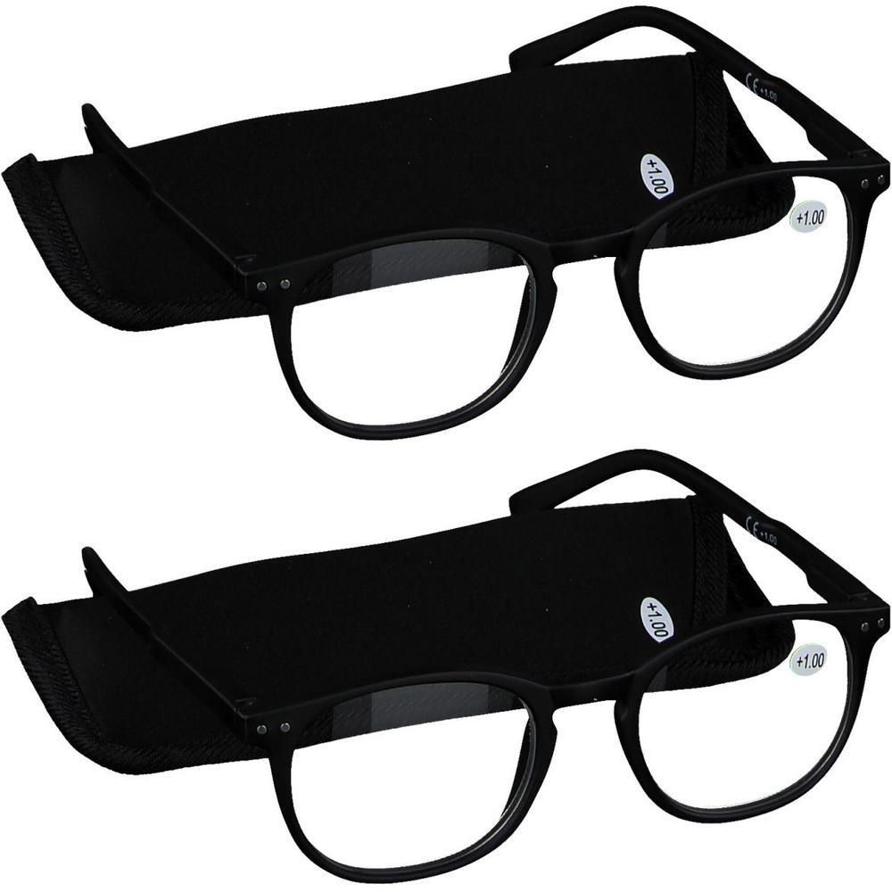 Deux paires de lunettes de lecture noires avec étuis, puissance +1.00.