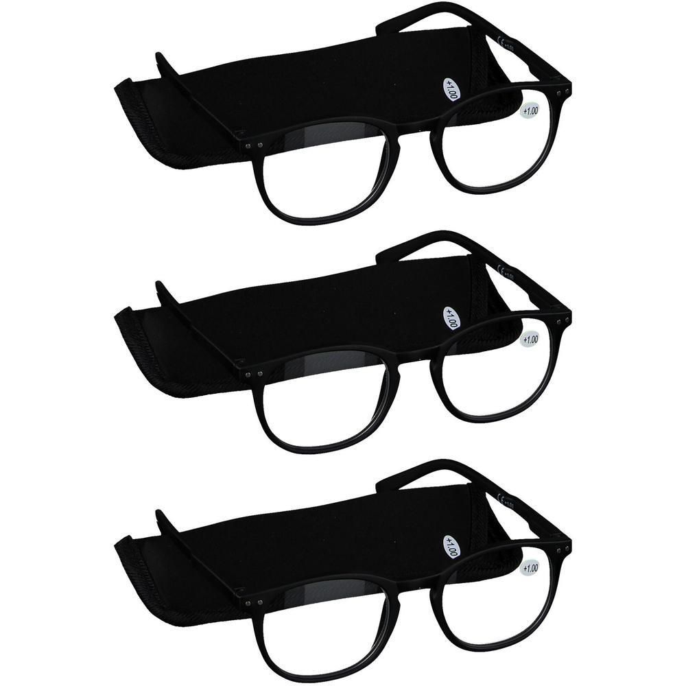 Drie zwarte leesbrillen met beschermhoesjes. Elke bril heeft een CE-markering en een sterkte van +1.00.
