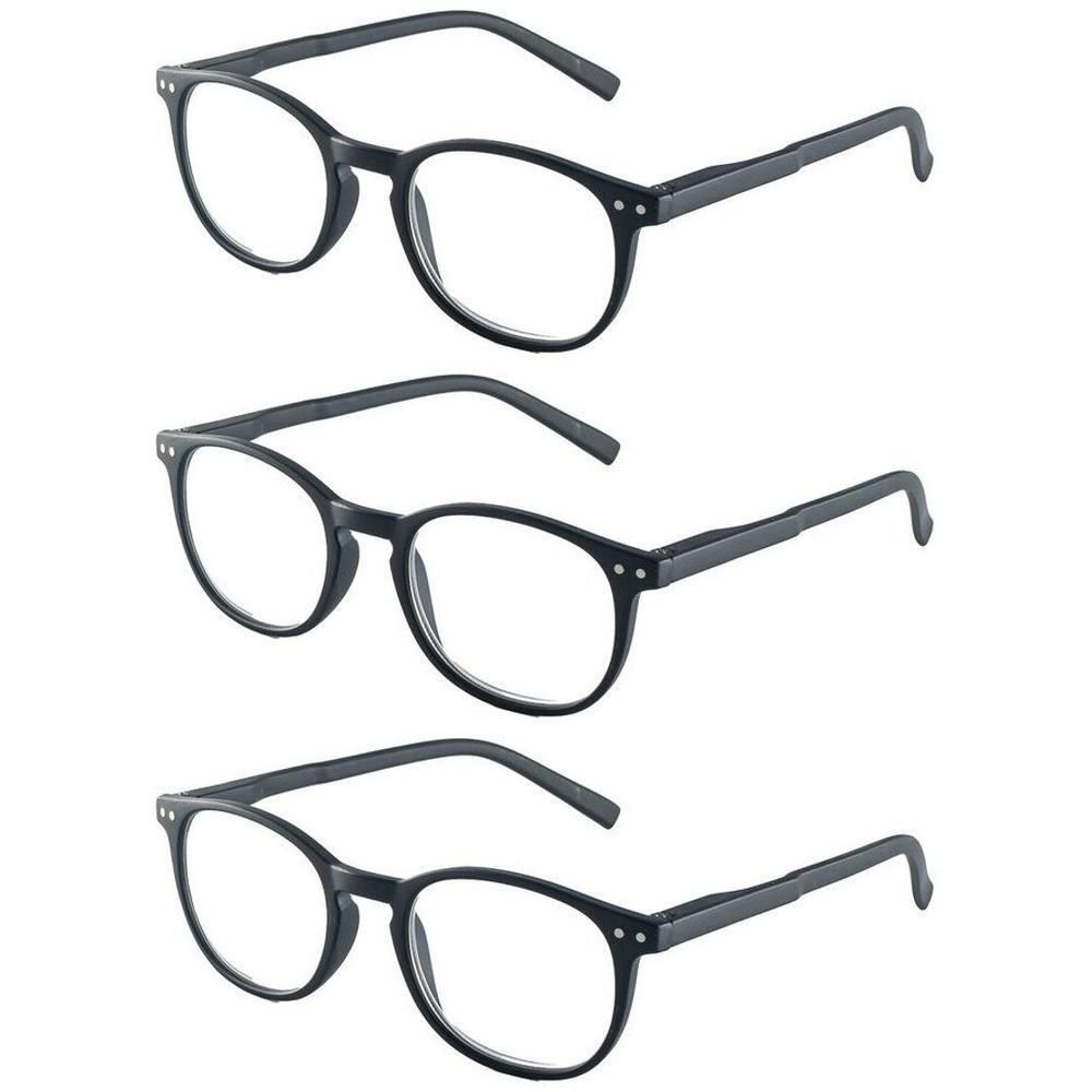 Trois paires de lunettes de lecture noires à verres et branches ronds.