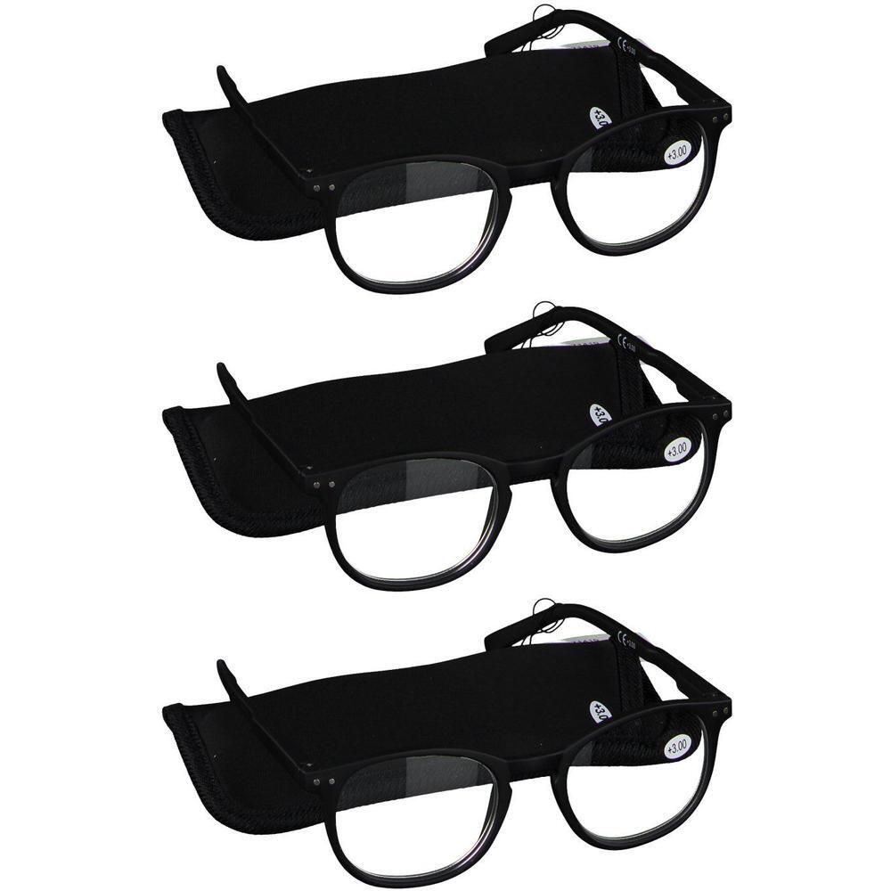 Trois paires de lunettes de lecture noires avec étuis. Chaque paire indique +3.00.