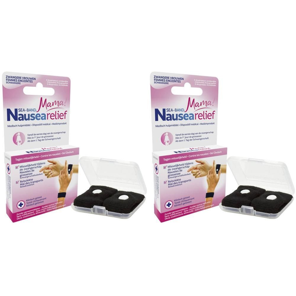 Deux paires de bracelets noirs anti-nausées pour femmes enceintes, dans leur emballage.