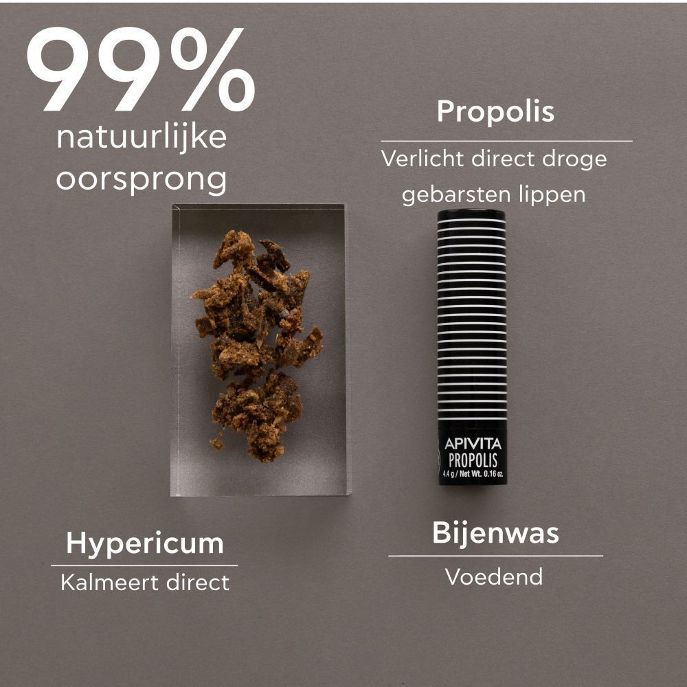 Apivita Propolis lippenbalsemstick. Ingrediënten: Propolis, Hypericum, Bijenwas. 99% natuurlijke oorsprong.