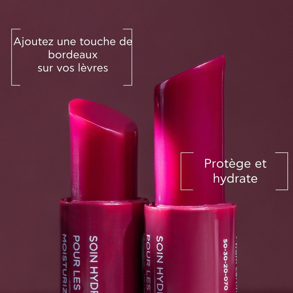 Deux sticks de soin pour les lèvres, teinte bordeaux. Protège et hydrate.