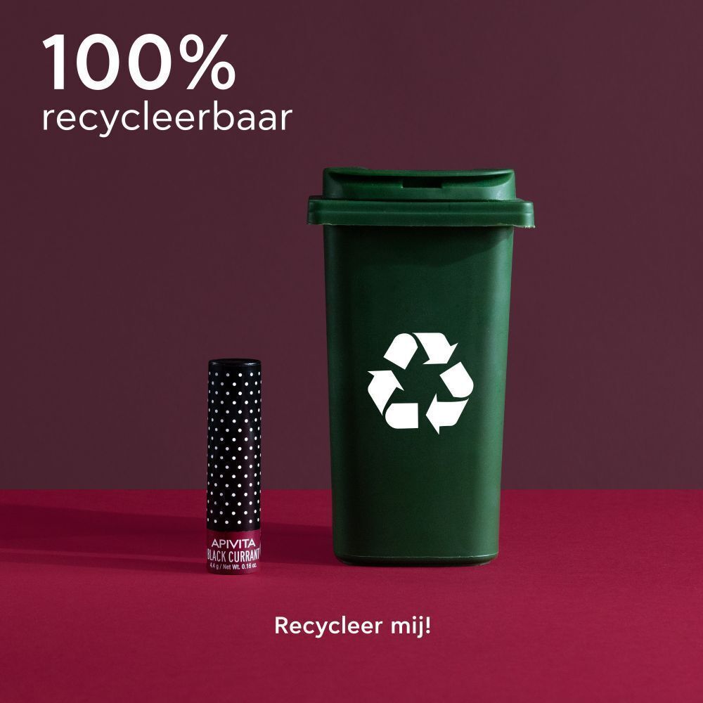 Lippenbalsem stick naast een groene afvalbak. 100% recyclebaar.
