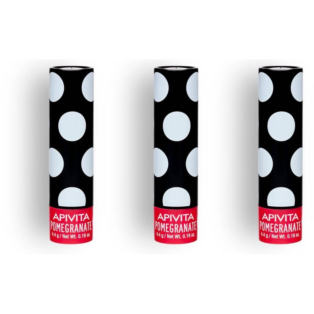 Drie lippenbalsemstiften met granaatappelmotief.
