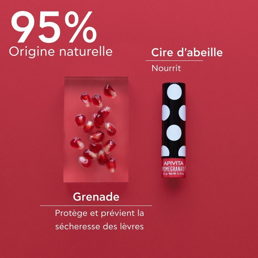 Stick à lèvres près de pépins de grenade et cire d'abeille.