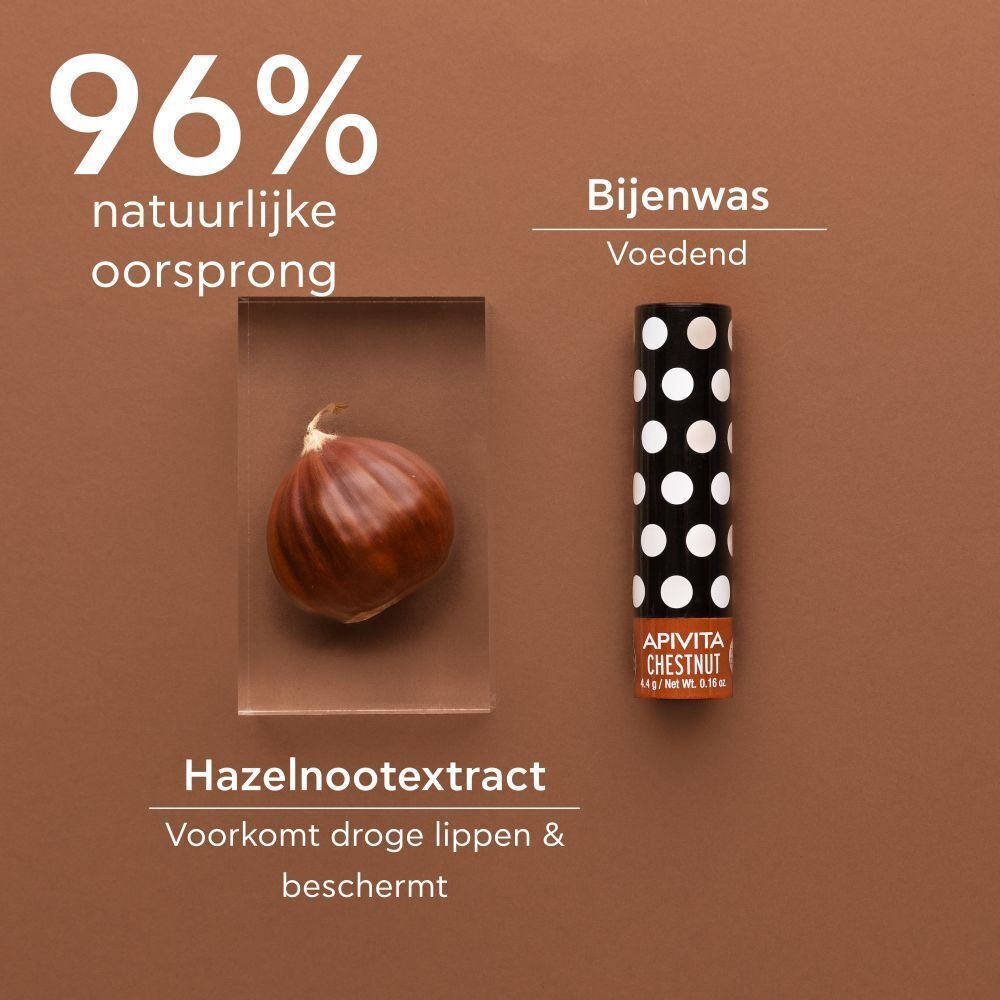 Lippenbalsemstick, kastanje, 96% natuurlijke oorsprong, bijenwas, kastanje-extract. 4,4g.