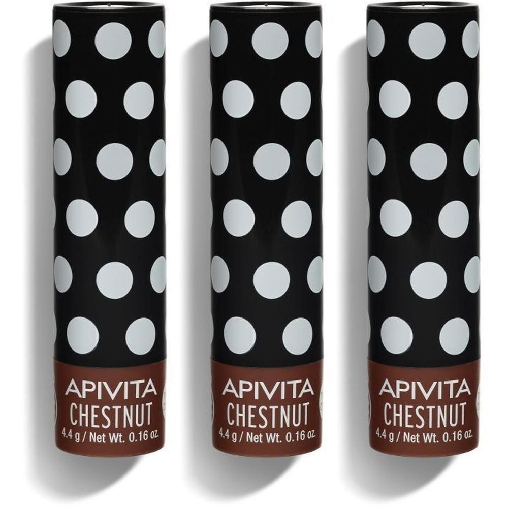 Drie lippenbalsemverpakkingen met zwart stippenpatroon en bruine onderkant.