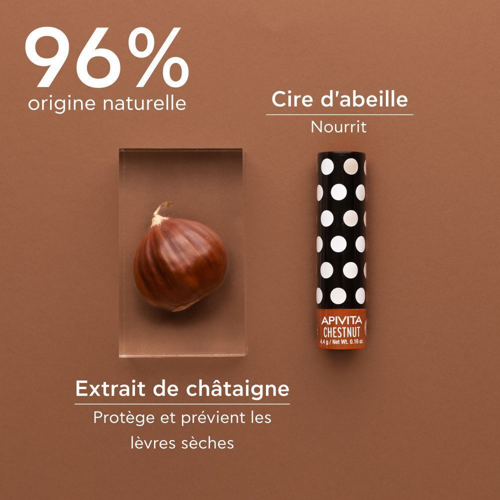 Baume à lèvres, châtaigne, cire d'abeille et 96% d'origine naturelle.