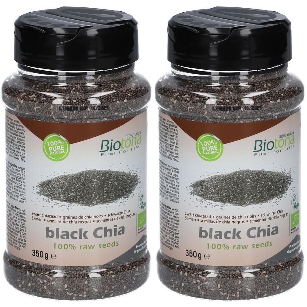 Deux pots de graines de chia noir Biotona, 350g.