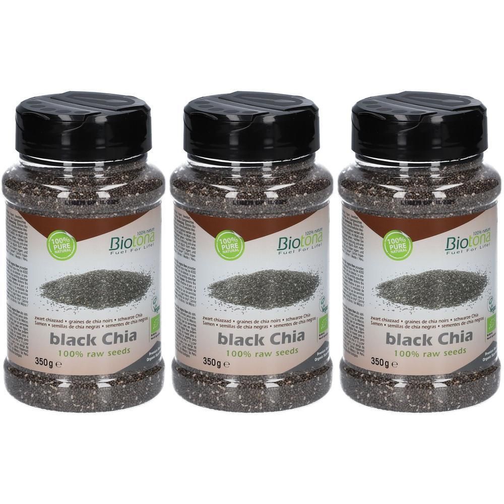 Trois pots de graines de chia noires Bio Biotona, 350g chacun.