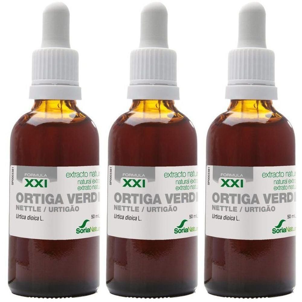 Drie bruine glazen flesjes met druppelaar en wit etiket, met Soria Natural Extrait d'Urtica Dioica XXI.