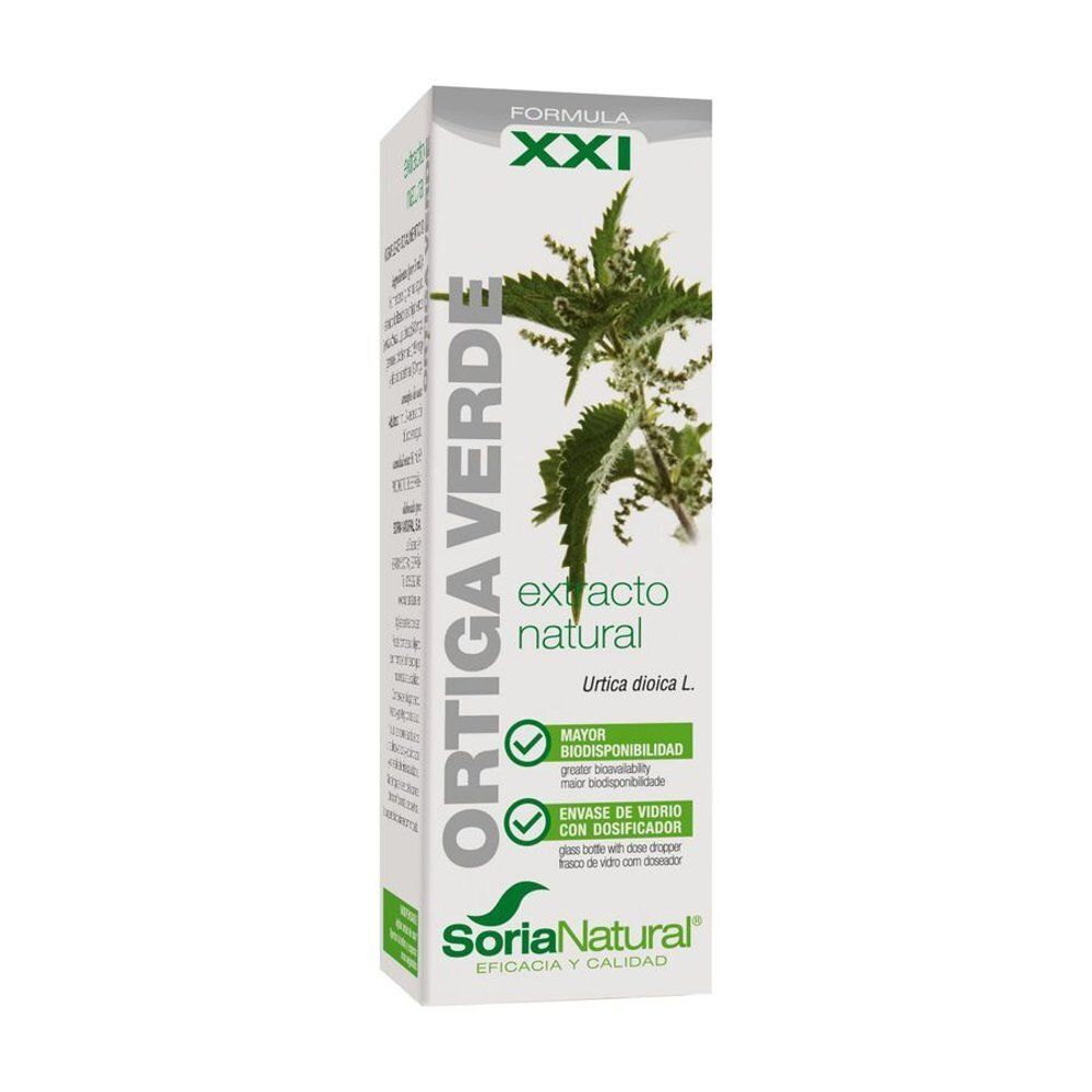 Een doosje Soria Natural Extrait d'Urtica Dioica XXI, met brandnetel en productinformatie.