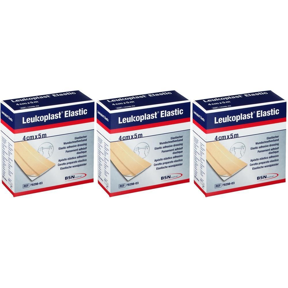 Trois paquets de Leukoplast Elastic 4 cm x 5 m. Pansement adhésif élastique.