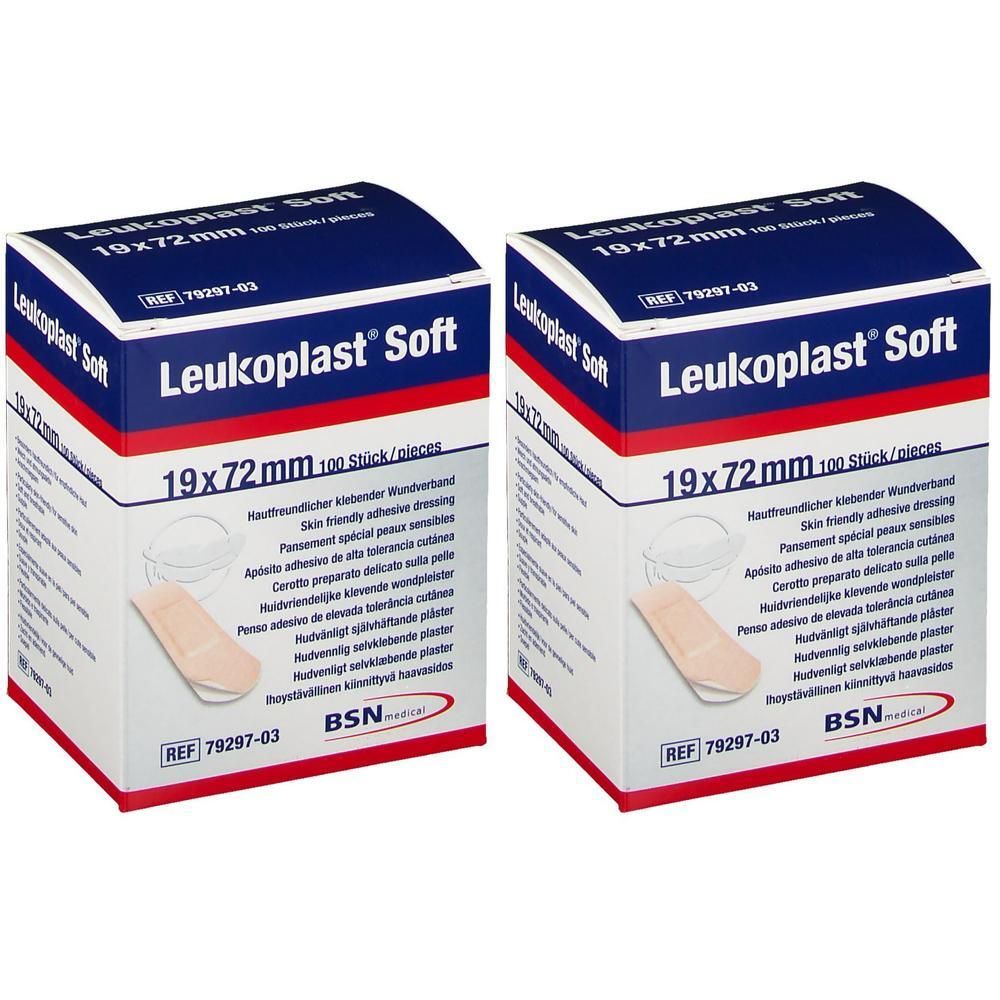 Deux boîtes de pansements Leukoplast® Soft, 19x72mm, 100 pièces.