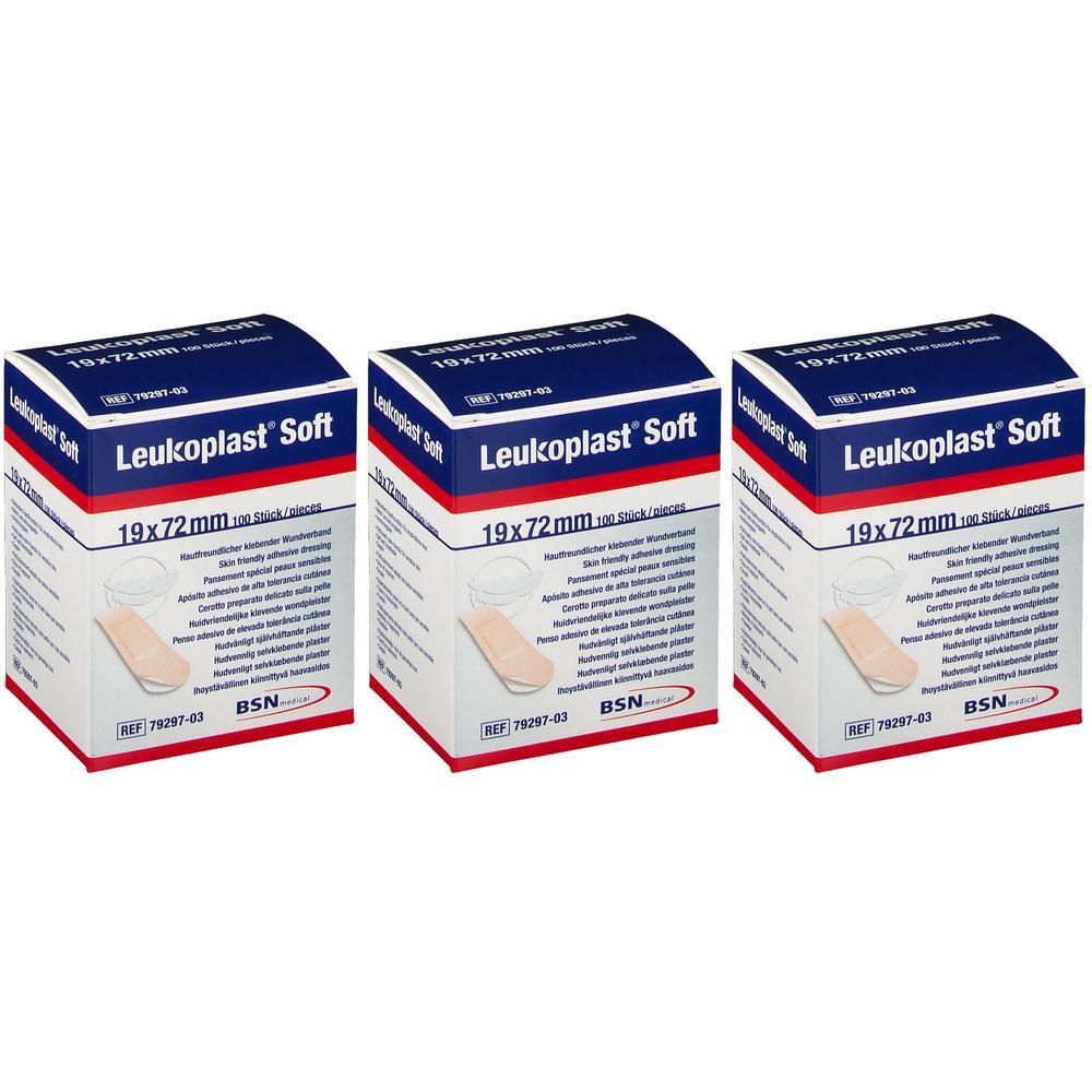 Drie pakken Leukoplast® Soft pleisters, 19x72mm.