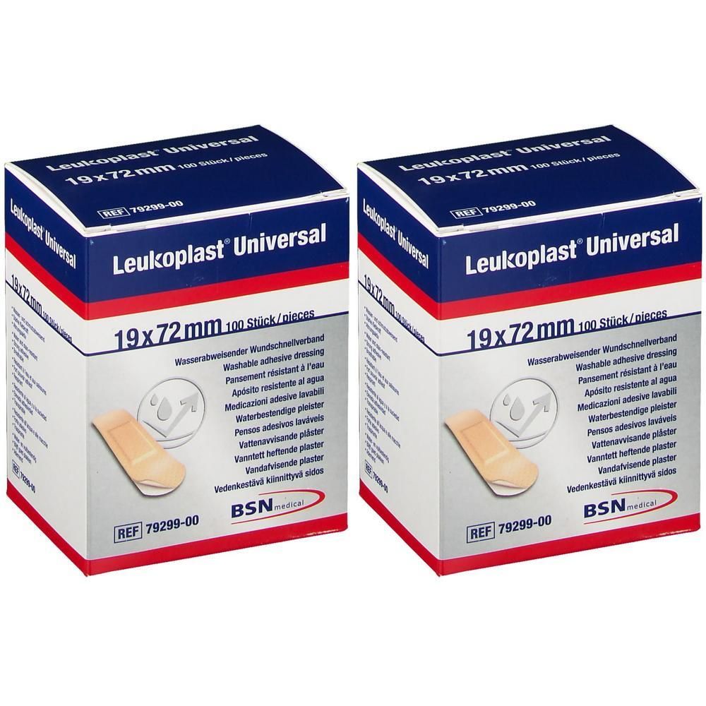 Twee pakken Leukoplast Universal pleisters, 19x72mm, 100 stuks per pak.