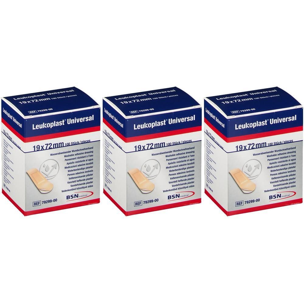 Trois boîtes de pansements Leukoplast Universal, 19x72mm. Chaque boîte montre un pansement individuel.