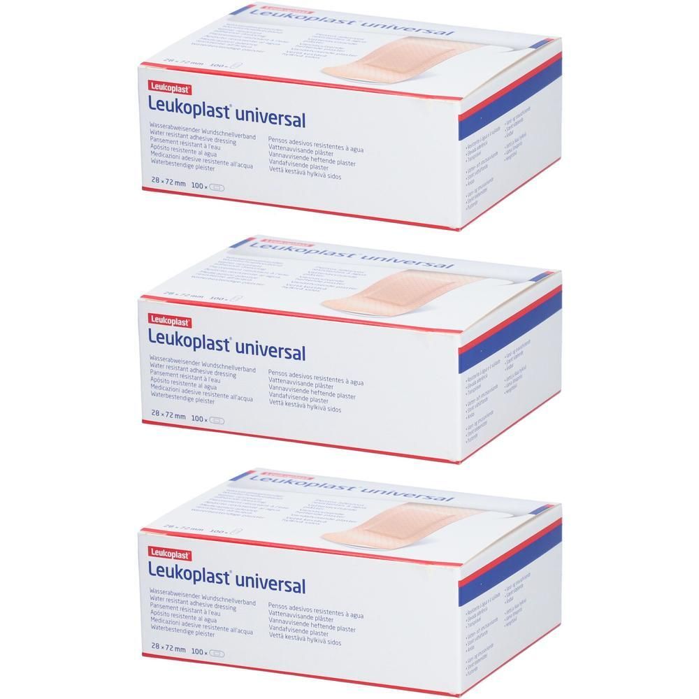 Trois boîtes de pansements Leukoplast Universal, 28x72 mm.
