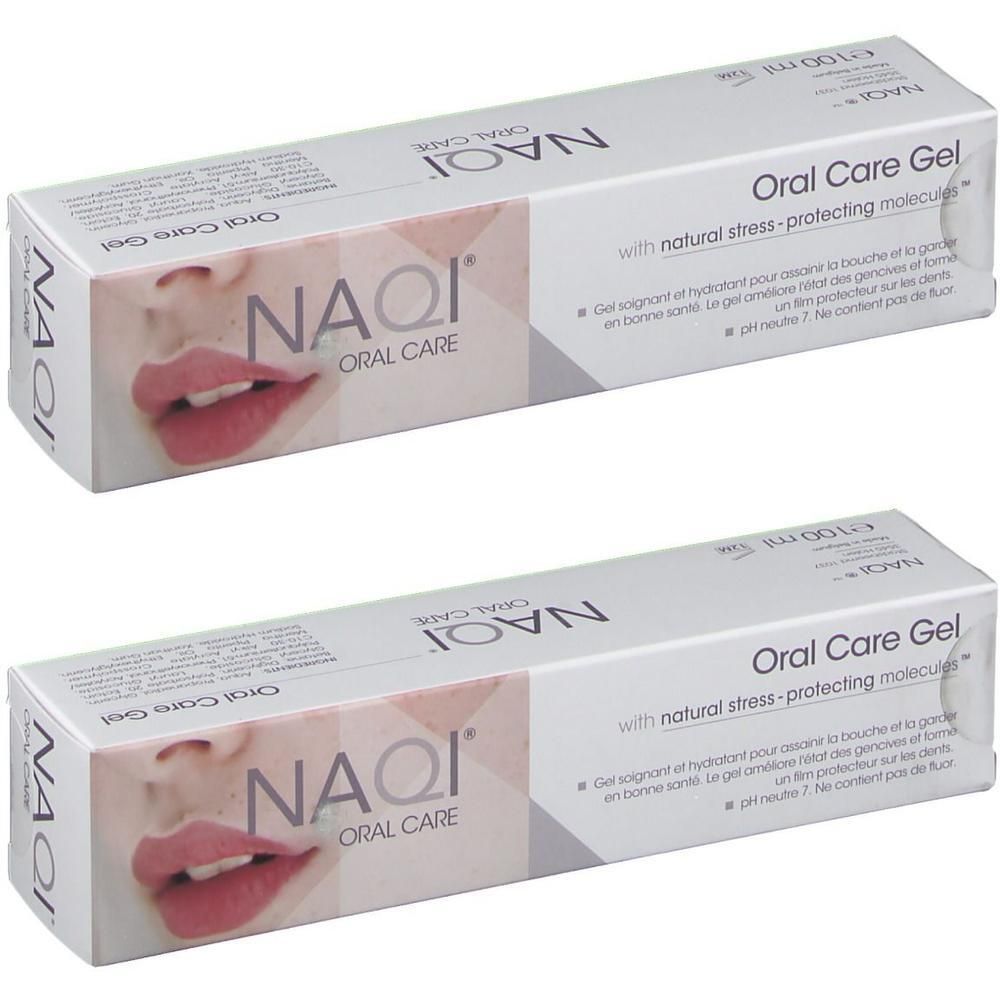 Twee dozen NAQI Oral Care Gel met afbeelding van lippen en tekst.