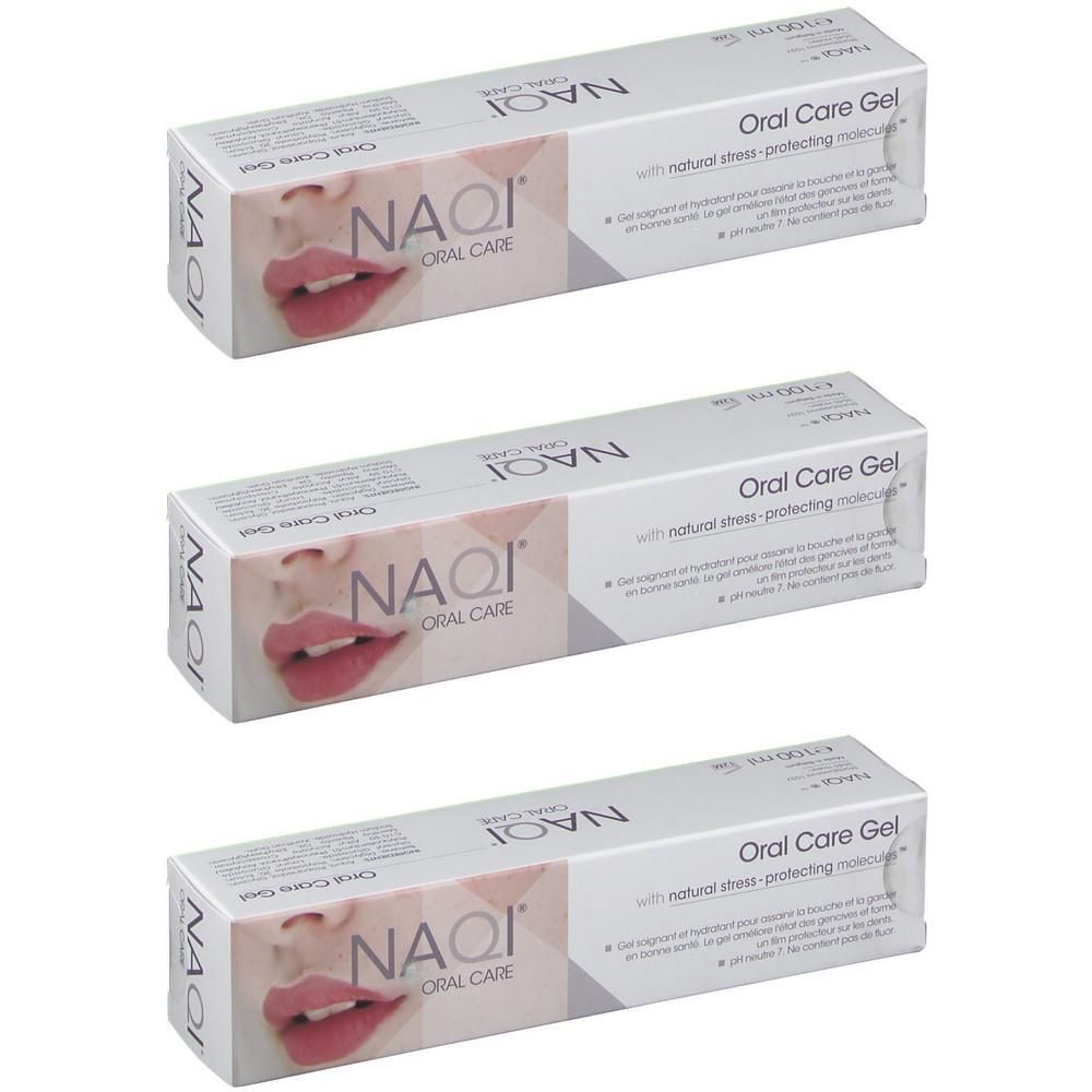 Trois paquets de gel NAQI Oral Care avec une image de lèvres.