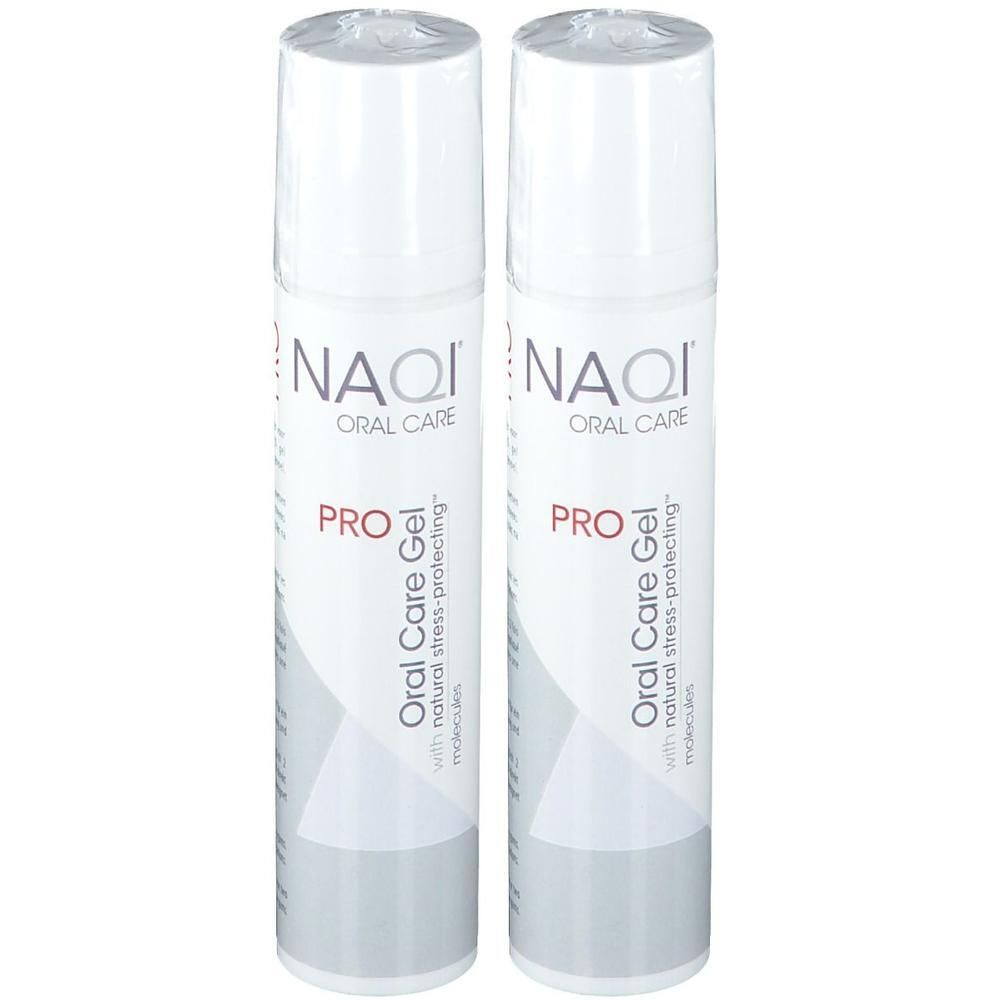 Deux flacons de Gel Buccal Pro NAQI avec étiquette blanche et motif argenté.