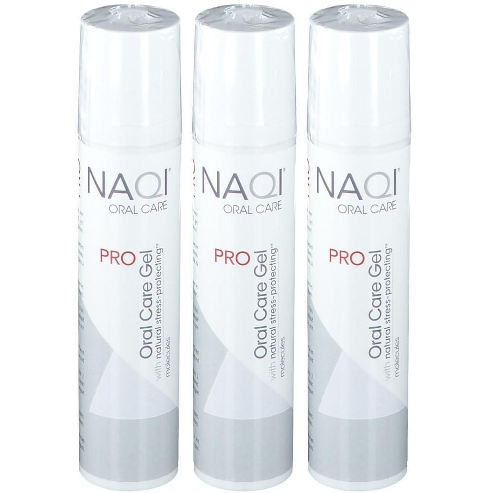 Drie flessen NAQI Oral Care Gel Pro met natuurlijke stressbescherming.