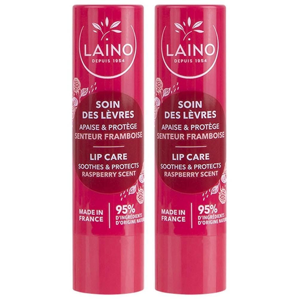 Deux sticks de soin des lèvres Laino parfum framboise.