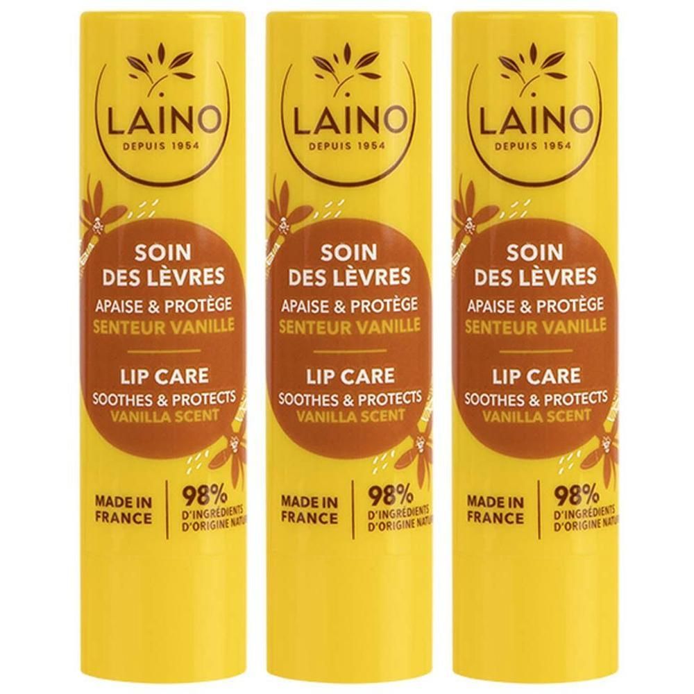 Trois tubes de baume à lèvres jaune avec inscription "LAINO SOIN DES LÈVRES".