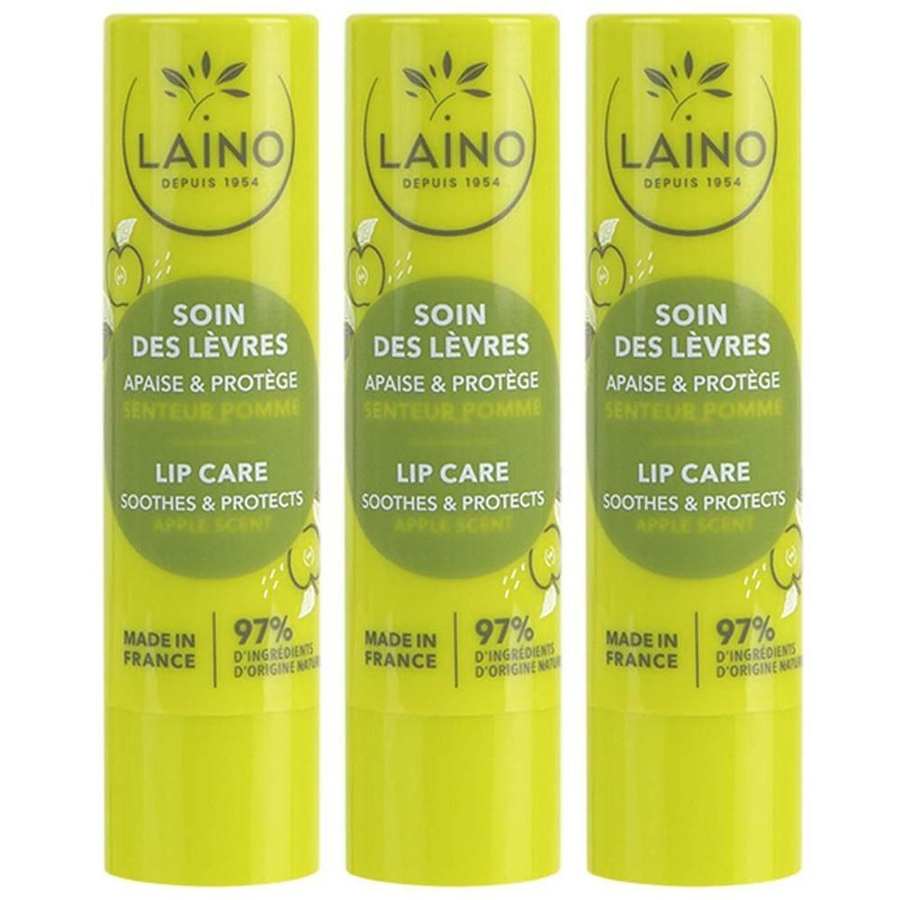 Trois sticks Laino Soin des Lèvres Pomme, fabriqués en France, 97% d'ingrédients d'origine naturelle.