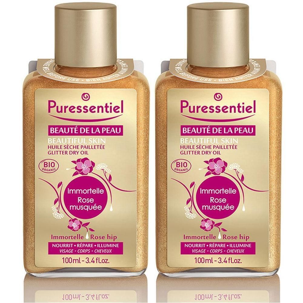 Deux flacons d'Huile Sèche Pailletée Bio Puressentiel Beauté de la Peau Immortelle Rose Musquée.
