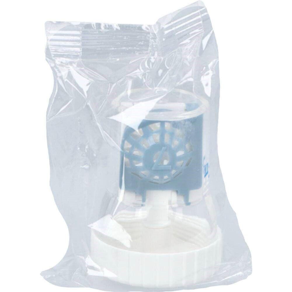 Boîtier pour lentilles de contact avec insert bleu et couvercle blanc, emballé dans du plastique.