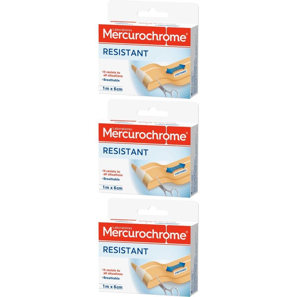 Drie pakken Mercurochrome Resistente pleister, 1m x 6cm.