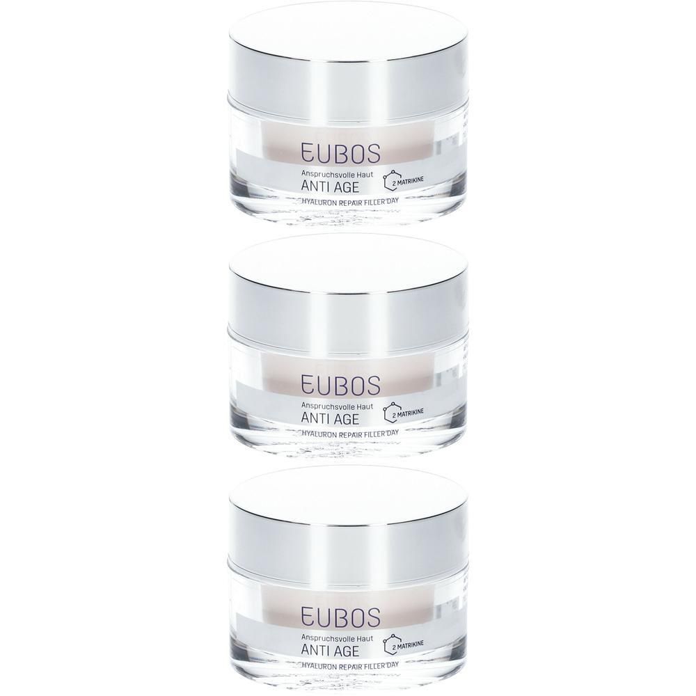 Trois pots Eubos Hyaluron Repair Filler Jour avec couvercles argentés.