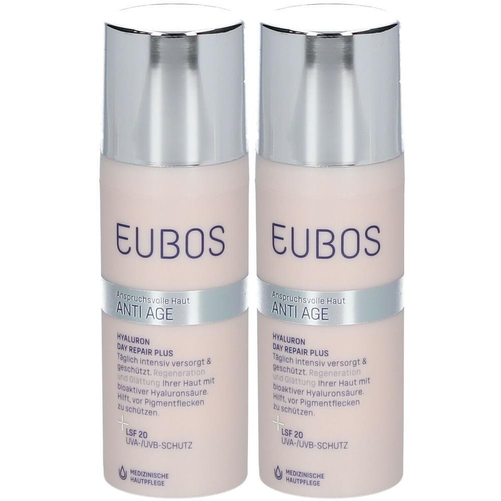 Twee Eubos Hyaluron Day Repair Plus flacons met zilveren pompdopjes. SPF 20.