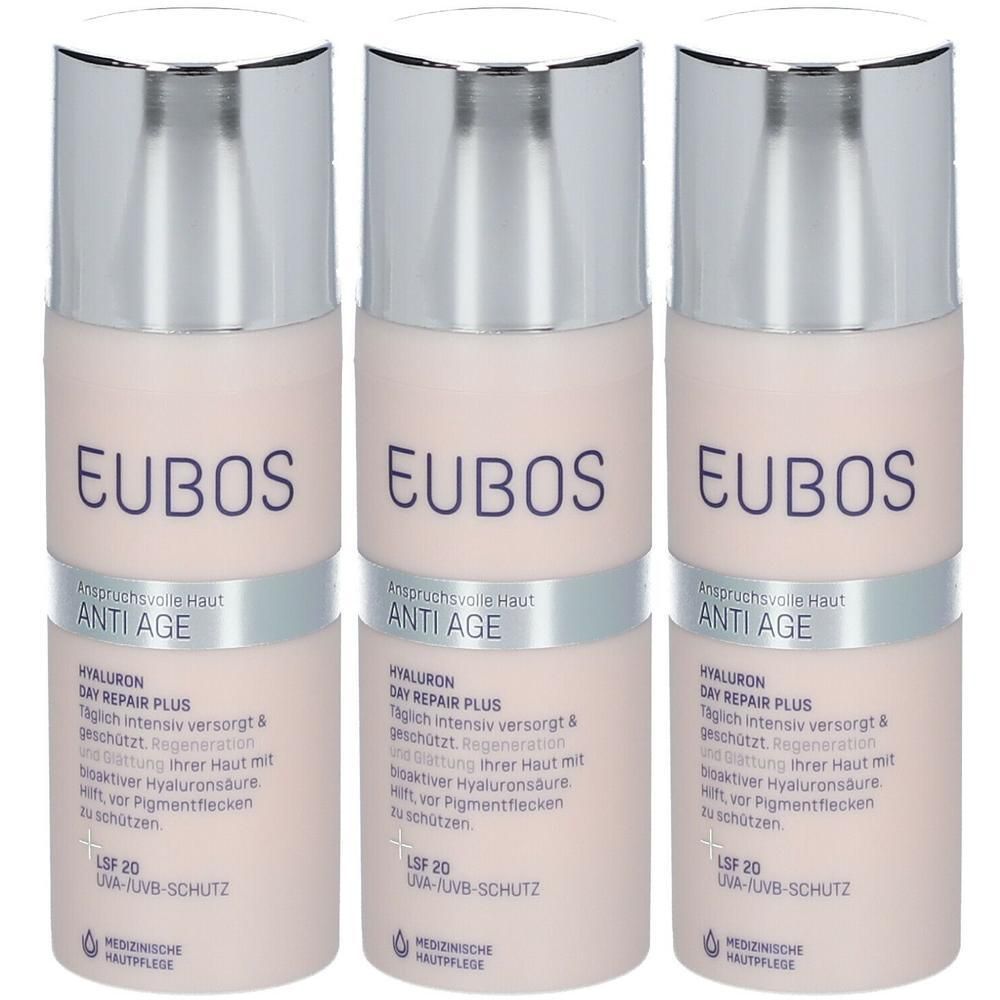 Drie Eubos Hyaluron Day Repair Plus flacons met pompdoseerders. Anti-aging verzorging met SPF 20.