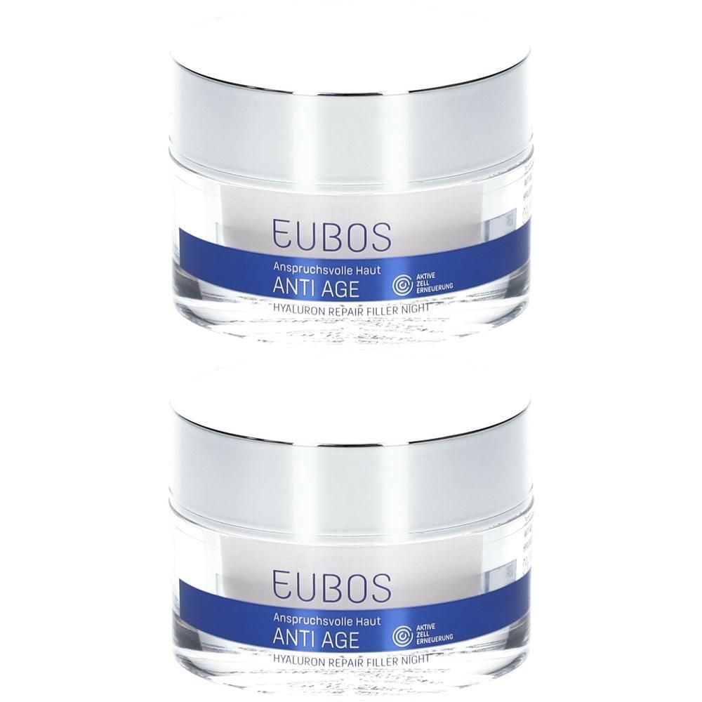 Twee Eubos Hyaluron Repair Filler Nuit potjes met zilveren deksels en blauwe banden.